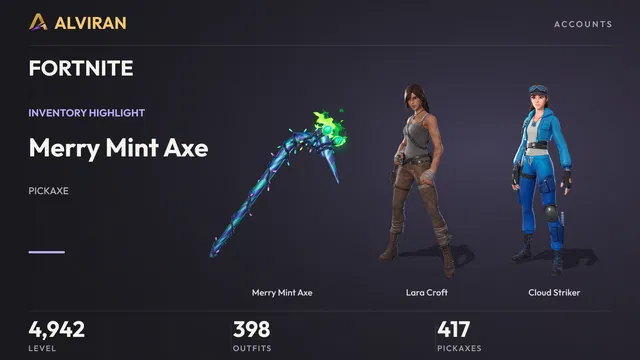 FORTNITE · Level 4942 · Merry Mint Axe, Lara Croft, Cloud Striker