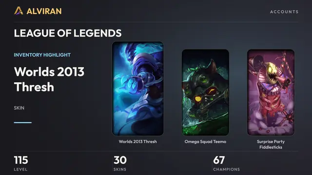 LEAGUE OF LEGENDS · Level 115 · Worlds 2013 Thresh, Omega Squad Teemo, Surprise Party Fiddlesticks