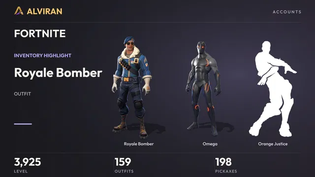 FORTNITE · Level 3925 · Royale Bomber, Omega, Orange Justice