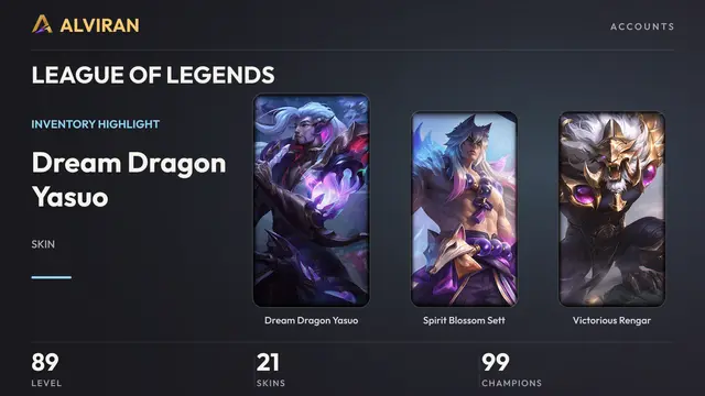 LEAGUE OF LEGENDS · Level 89 · Dream Dragon Yasuo, Spirit Blossom Sett, Victorious Rengar