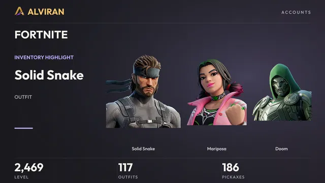 FORTNITE · Level 2469 · Solid Snake, Mariposa, Doom