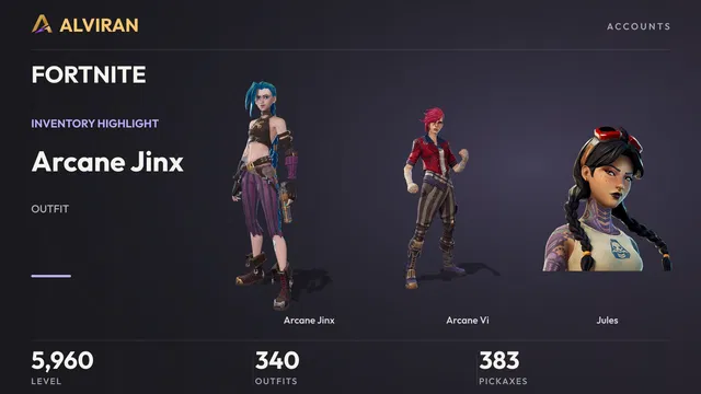FORTNITE · Level 5960 · Arcane Jinx, Arcane Vi, Jules