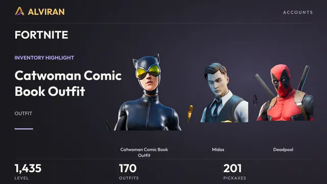 FORTNITE · Level 1435 · Catwoman Comic Book Outfit, Midas, Deadpool