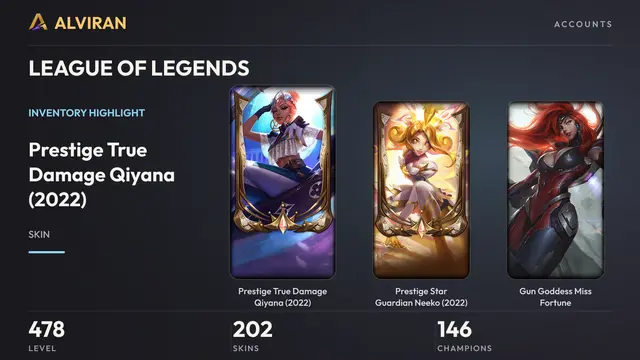 LEAGUE OF LEGENDS · Level 478 · Prestige True Damage Qiyana (2022), Prestige Star Guardian Neeko (2022), Gun Goddess Miss Fortune