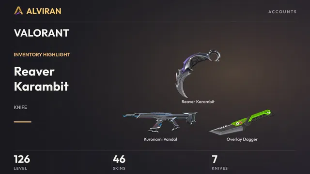 VALORANT · Level 126 · Reaver Karambit · Melee, Kuronami Vandal, Overlay Dagger · Melee
