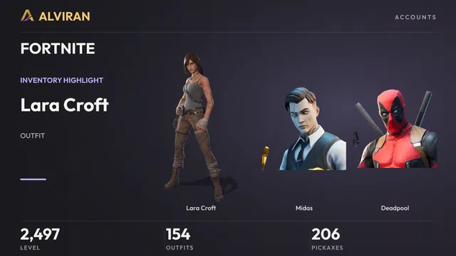 FORTNITE · Level 2497 · Lara Croft, Midas, Deadpool
