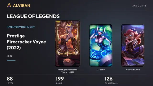 LEAGUE OF LEGENDS · Level 88 · Prestige Firecracker Vayne (2022), DJ Sona, Hextech Annie