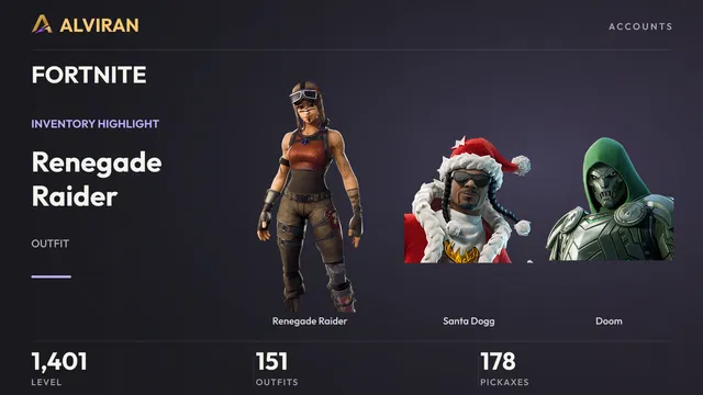 FORTNITE · Level 1401 · Renegade Raider, Santa Dogg, Doom