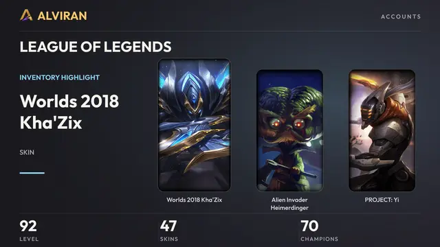 LEAGUE OF LEGENDS · Level 92 · Worlds 2018 Kha'Zix, Alien Invader Heimerdinger, PROJECT: Yi