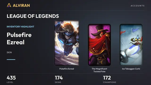 LEAGUE OF LEGENDS · Level 435 · Pulsefire Ezreal, The Magnificent Twisted Fate, Ice Toboggan Corki