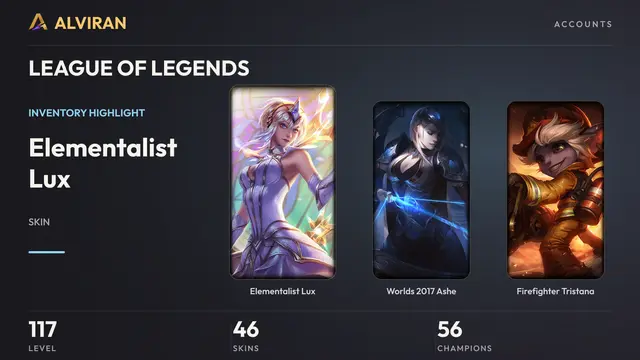 LEAGUE OF LEGENDS · Level 117 · Elementalist Lux, Worlds 2017 Ashe, Firefighter Tristana