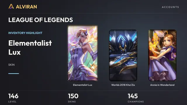 LEAGUE OF LEGENDS · Level 146 · Elementalist Lux, Worlds 2018 Kha'Zix, Annie in Wonderland