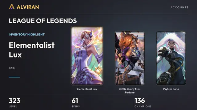 LEAGUE OF LEGENDS · Level 323 · Elementalist Lux, Battle Bunny Miss Fortune, PsyOps Sona