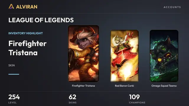 LEAGUE OF LEGENDS · Level 254 · Firefighter Tristana, Red Baron Corki, Omega Squad Teemo