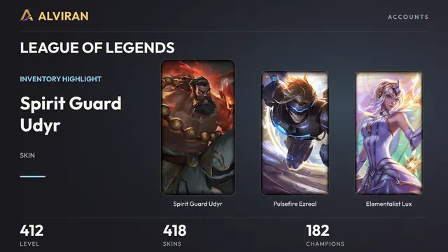 LEAGUE OF LEGENDS · Level 412 · Spirit Guard Udyr, Pulsefire Ezreal, Elementalist Lux