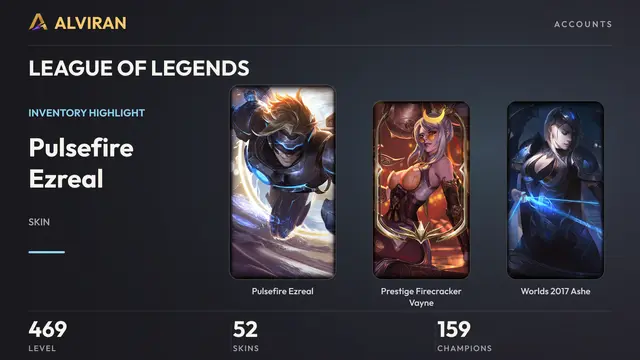 LEAGUE OF LEGENDS · Level 469 · Pulsefire Ezreal, Prestige Firecracker Vayne, Worlds 2017 Ashe