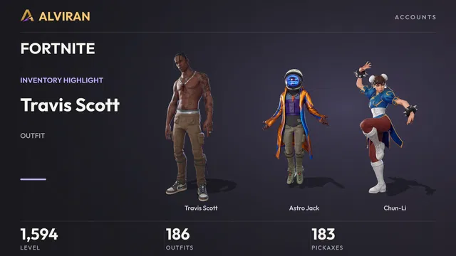 FORTNITE · Level 1594 · Travis Scott, Astro Jack, Chun-Li