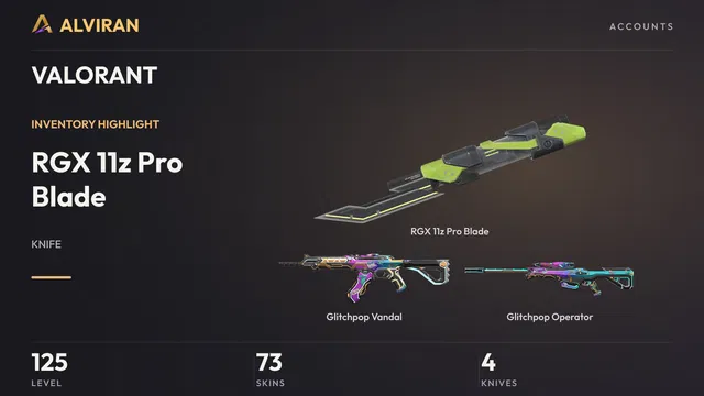 VALORANT · Level 125 · RGX 11z Pro Blade · Melee, Glitchpop Vandal, Glitchpop Operator