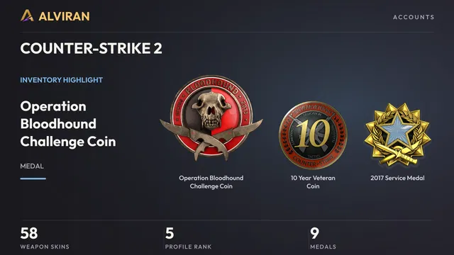 COUNTER-STRIKE 2 · Level 5 · Operation Bloodhound Challenge Coin, 10 Year Veteran Coin, 2017 Service Medal
