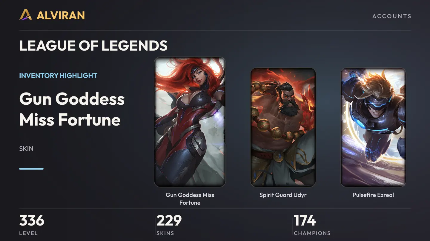LEAGUE OF LEGENDS · Level 336 · Gun Goddess Miss Fortune, Spirit Guard Udyr, Pulsefire Ezreal