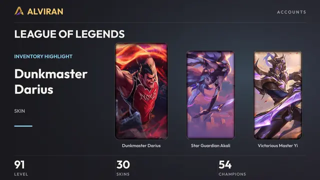 LEAGUE OF LEGENDS · Level 91 · Dunkmaster Darius, Star Guardian Akali, Victorious Master Yi