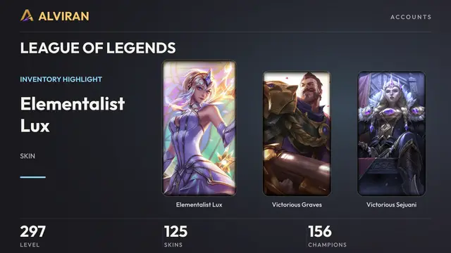 LEAGUE OF LEGENDS · Level 297 · Elementalist Lux, Victorious Graves, Victorious Sejuani