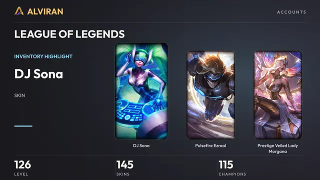 LEAGUE OF LEGENDS · Level 126 · DJ Sona, Pulsefire Ezreal, Prestige Veiled Lady Morgana