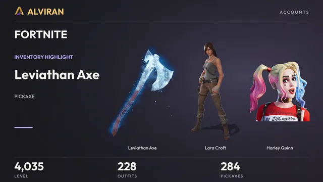 FORTNITE · Level 4035 · Leviathan Axe, Lara Croft, Harley Quinn