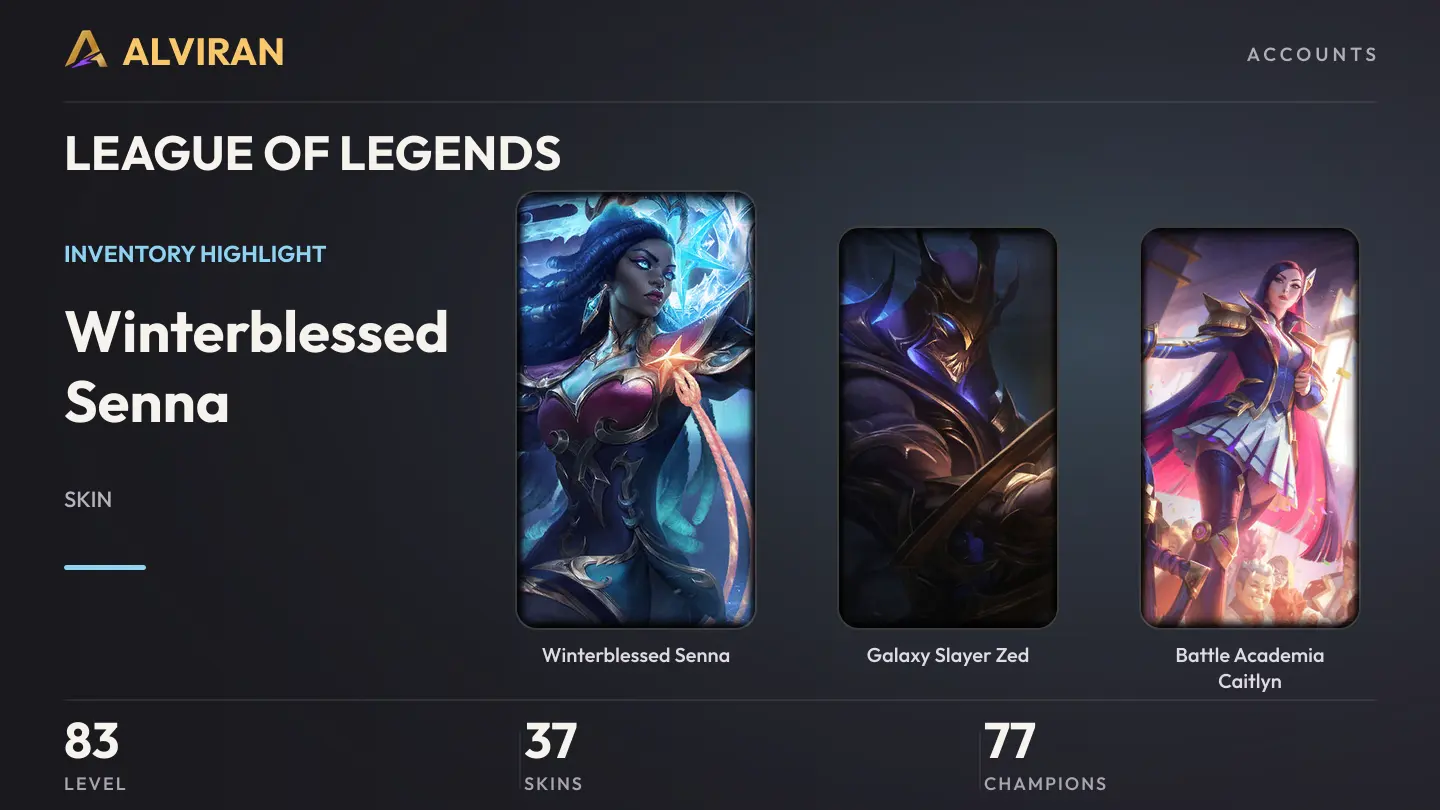 LEAGUE OF LEGENDS · Level 83 · Winterblessed Senna, Galaxy Slayer Zed, Battle Academia Caitlyn