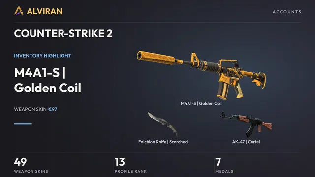 COUNTER-STRIKE 2 · Level 13 · M4A1-S | Golden Coil · Minimal Wear, Falchion Knife | Scorched · Field-Tested, AK-47 | Cartel · Field-Tested