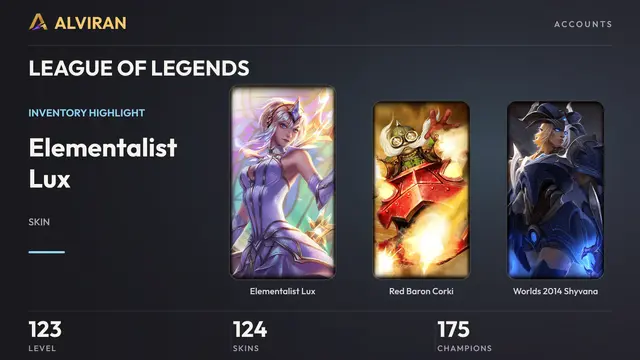 LEAGUE OF LEGENDS · Level 123 · Elementalist Lux, Red Baron Corki, Worlds 2014 Shyvana