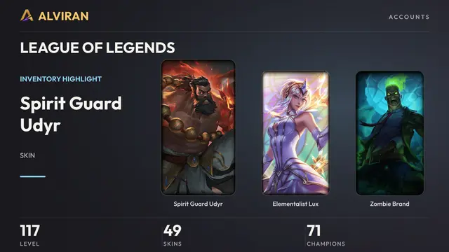 LEAGUE OF LEGENDS · Level 117 · Spirit Guard Udyr, Elementalist Lux, Zombie Brand