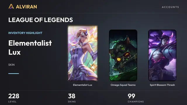 LEAGUE OF LEGENDS · Level 228 · Elementalist Lux, Omega Squad Teemo, Spirit Blossom Thresh