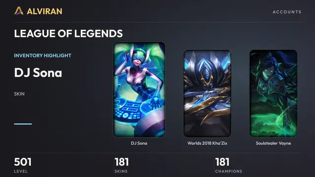 LEAGUE OF LEGENDS · Level 501 · DJ Sona, Worlds 2018 Kha'Zix, Soulstealer Vayne