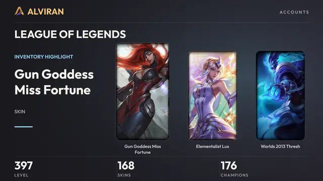 LEAGUE OF LEGENDS · Level 397 · Gun Goddess Miss Fortune, Elementalist Lux, Worlds 2013 Thresh
