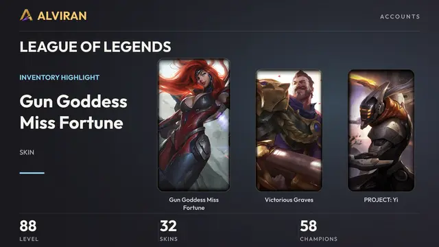 LEAGUE OF LEGENDS · Level 88 · Gun Goddess Miss Fortune, Victorious Graves, PROJECT: Yi