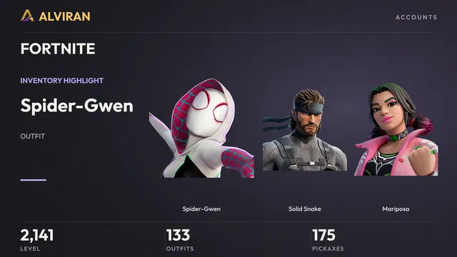 FORTNITE · Level 2141 · Spider-Gwen, Solid Snake, Mariposa