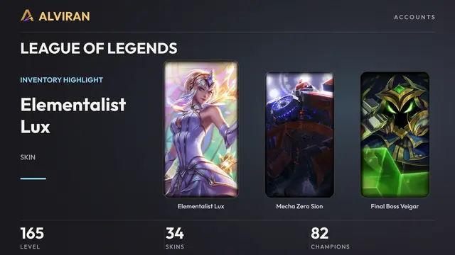 LEAGUE OF LEGENDS · Level 165 · Elementalist Lux, Mecha Zero Sion, Final Boss Veigar