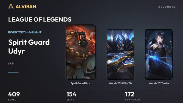 LEAGUE OF LEGENDS · Level 409 · Spirit Guard Udyr, Worlds 2018 Kha'Zix, Worlds 2017 Ashe