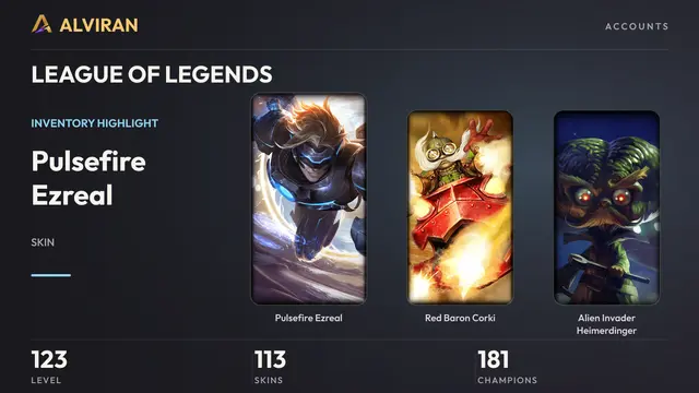 LEAGUE OF LEGENDS · Level 123 · Pulsefire Ezreal, Red Baron Corki, Alien Invader Heimerdinger