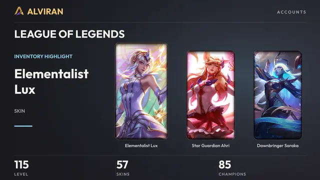 LEAGUE OF LEGENDS · Level 115 · Elementalist Lux, Star Guardian Ahri, Dawnbringer Soraka