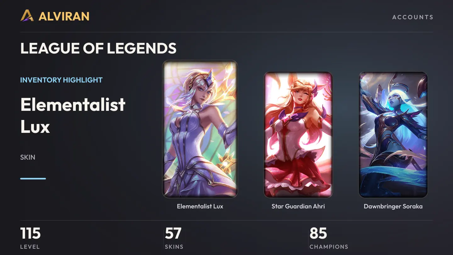 LEAGUE OF LEGENDS · Level 115 · Elementalist Lux, Star Guardian Ahri, Dawnbringer Soraka