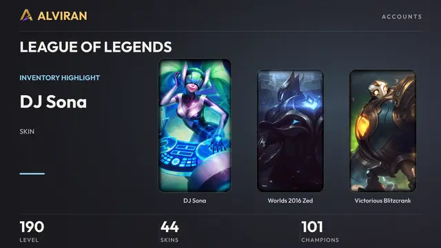 LEAGUE OF LEGENDS · Level 190 · DJ Sona, Worlds 2016 Zed, Victorious Blitzcrank