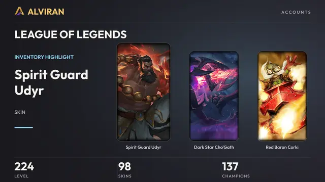LEAGUE OF LEGENDS · Level 224 · Spirit Guard Udyr, Dark Star Cho'Gath, Red Baron Corki