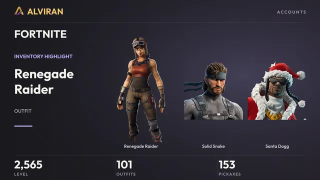 FORTNITE · Level 2565 · Renegade Raider, Solid Snake, Santa Dogg