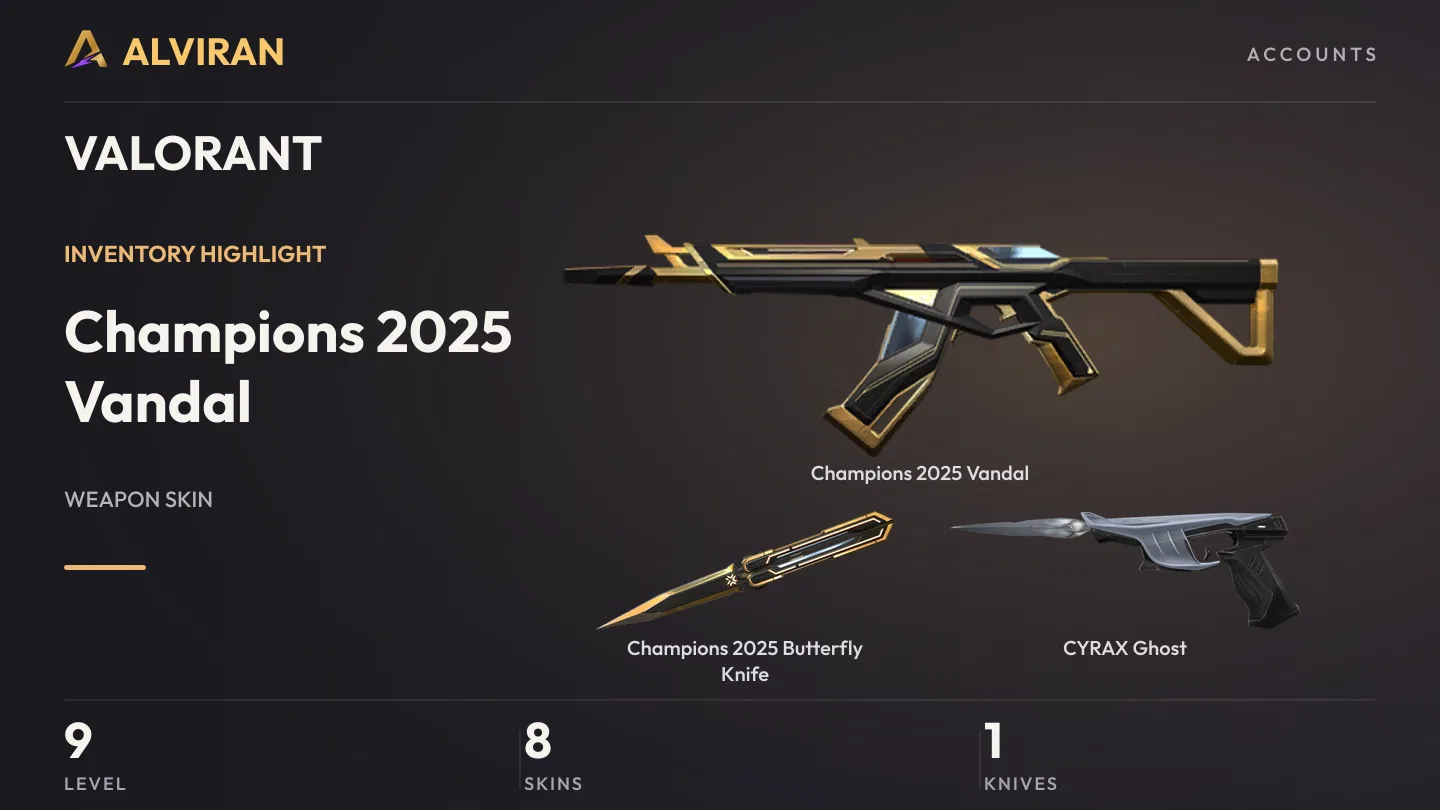 VALORANT · Level 9 · Champions 2025 Vandal, Champions 2025 Butterfly Knife · Melee, CYRAX Ghost