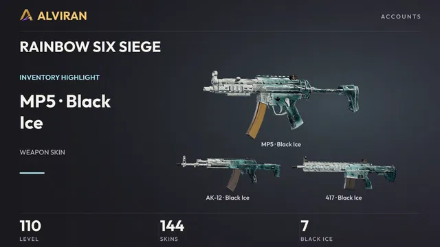 RAINBOW SIX SIEGE · Level 110 · Black Ice · MP5, Black Ice · AK-12, Black Ice · 417