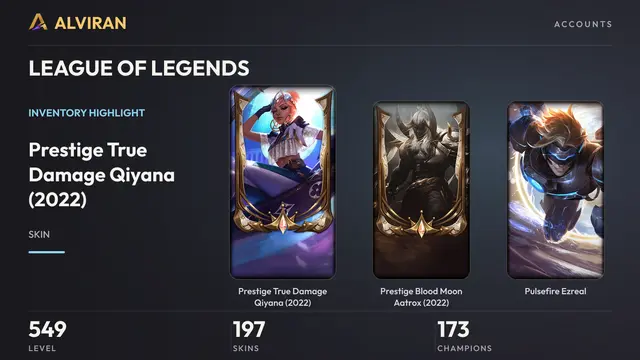 LEAGUE OF LEGENDS · Level 549 · Prestige True Damage Qiyana (2022), Prestige Blood Moon Aatrox (2022), Pulsefire Ezreal