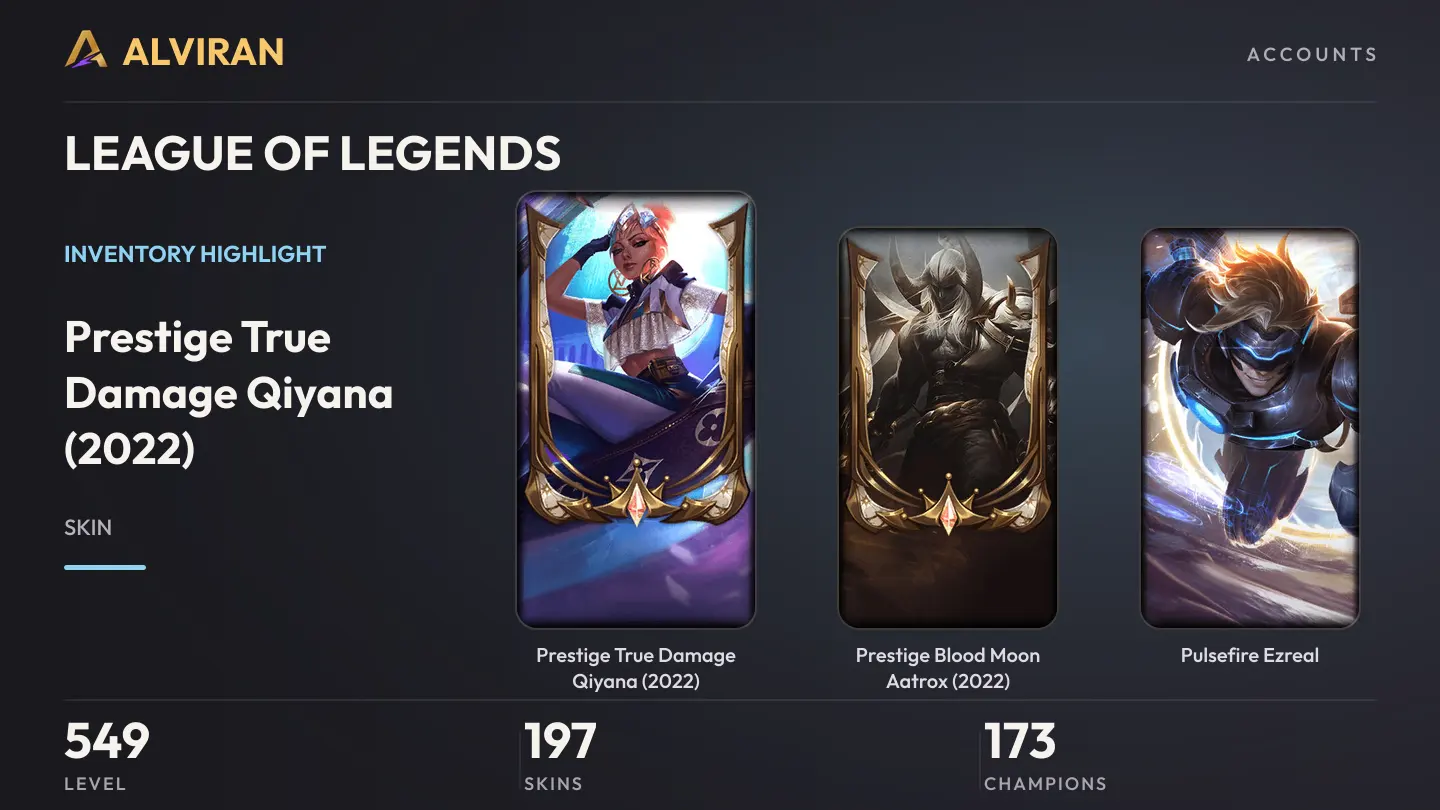 LEAGUE OF LEGENDS · Level 549 · Prestige True Damage Qiyana (2022), Prestige Blood Moon Aatrox (2022), Pulsefire Ezreal