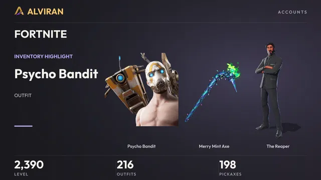 FORTNITE · Level 2390 · Psycho Bandit, Merry Mint Axe, The Reaper